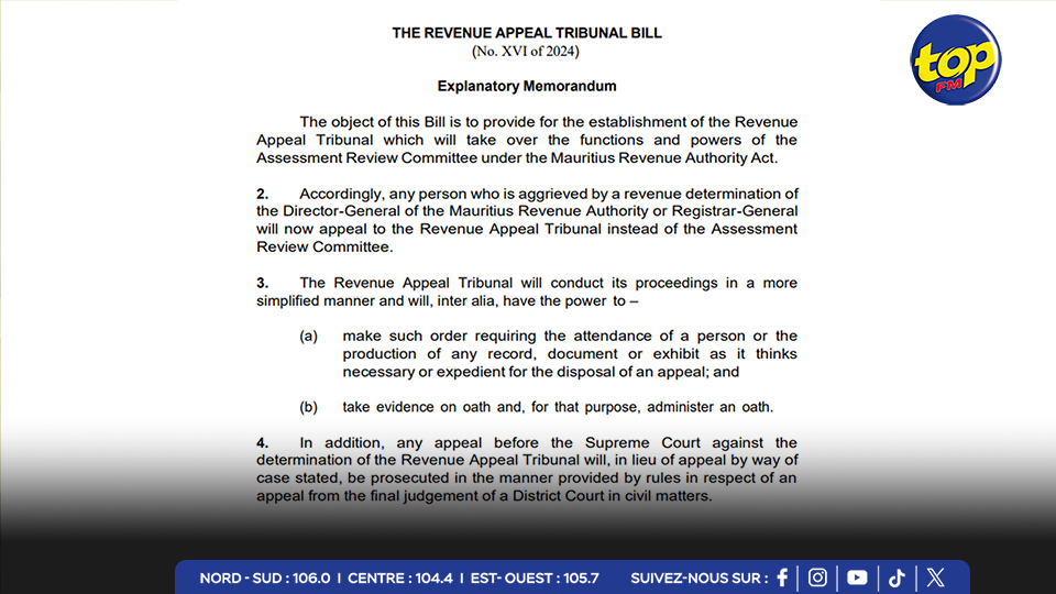 Le gouvernement approuve l'introduction du Revenue Appeal Tribunal Bill Au Conseil des ministres :