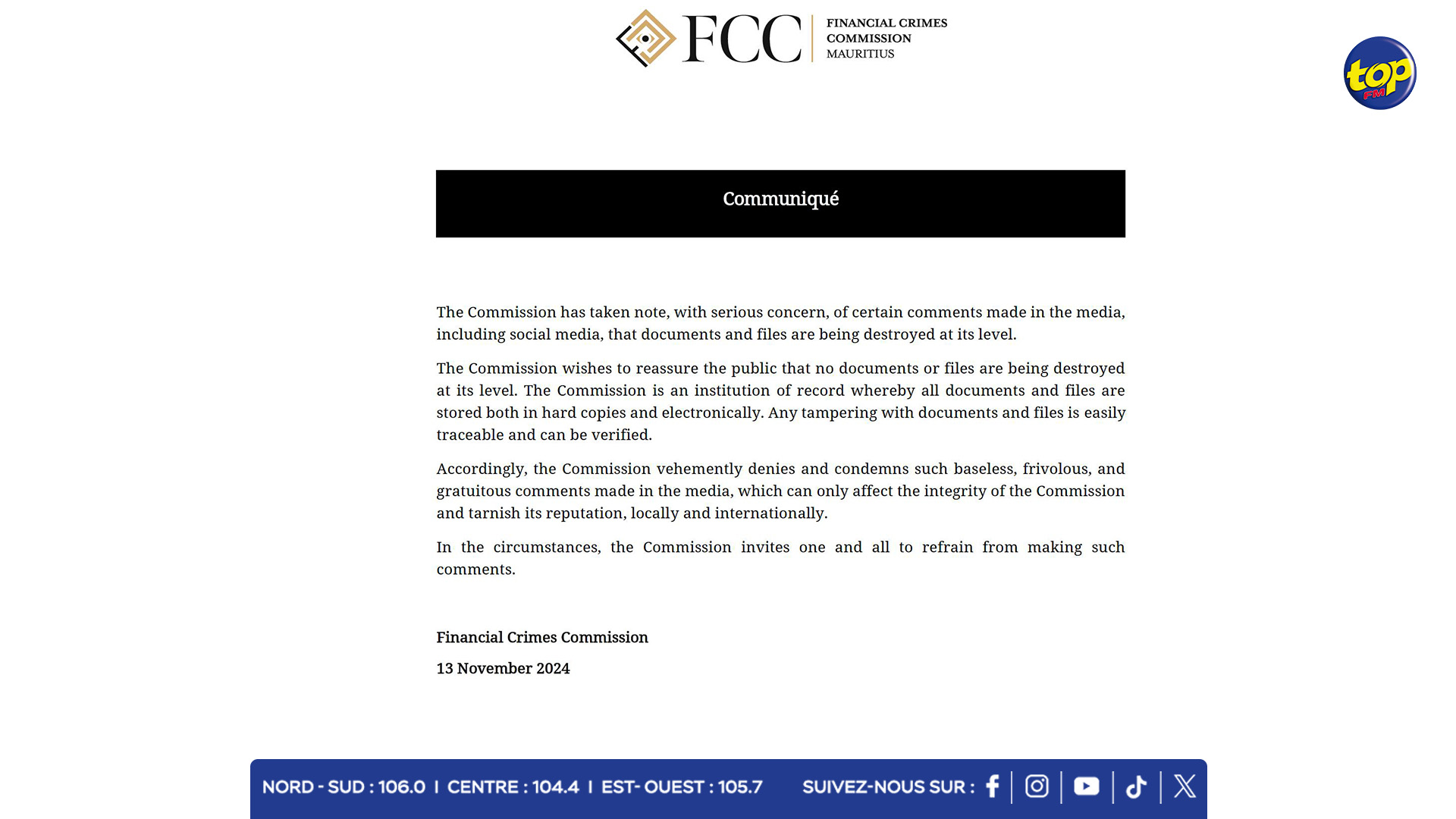 Appel à la prudence : La Financial Crimes Commission (FCC) dément les rumeurs de destruction de documents