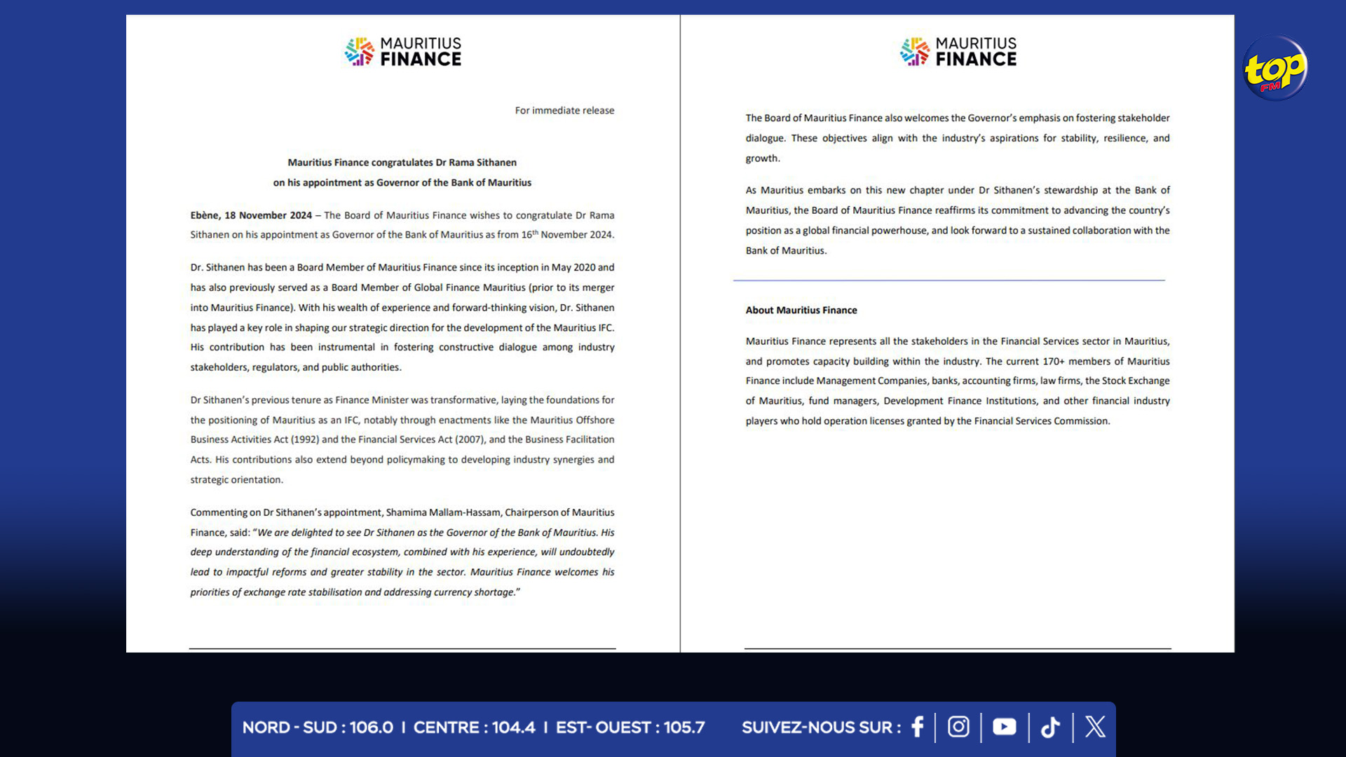 Nomination du Dr Rama Sithanen : Une nouvelle ère pour la Banque de Maurice, selon Mauritius Finance